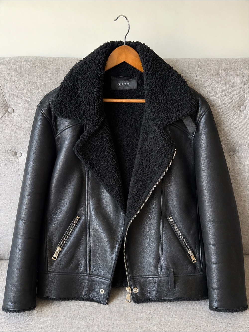 Gucci Black Shearling Lamb Fur Label Detail